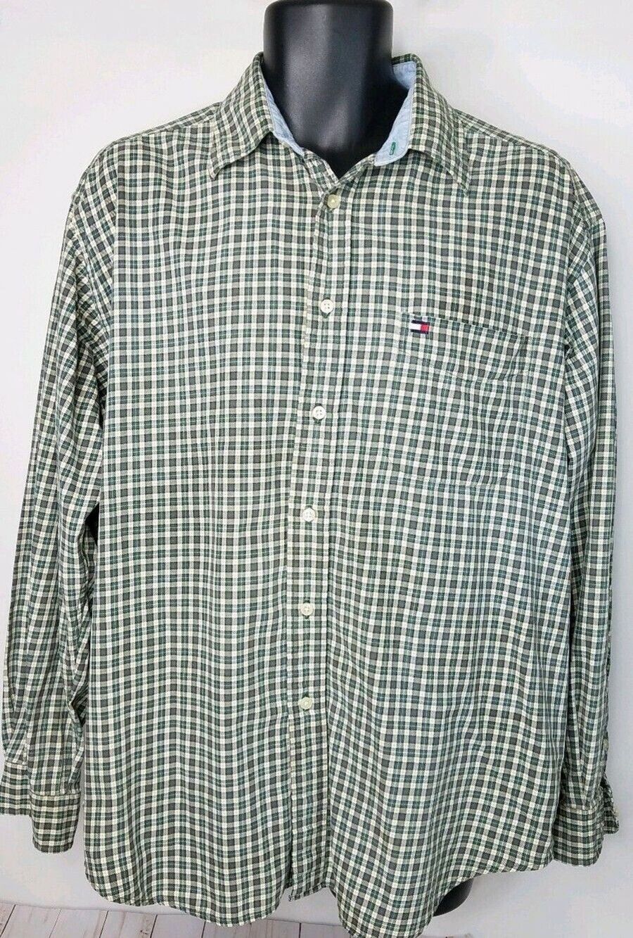 Vintage Tommy Hilfiger Mens Plaid Shirt Green Red Button Up L Flag Box Logo 90s